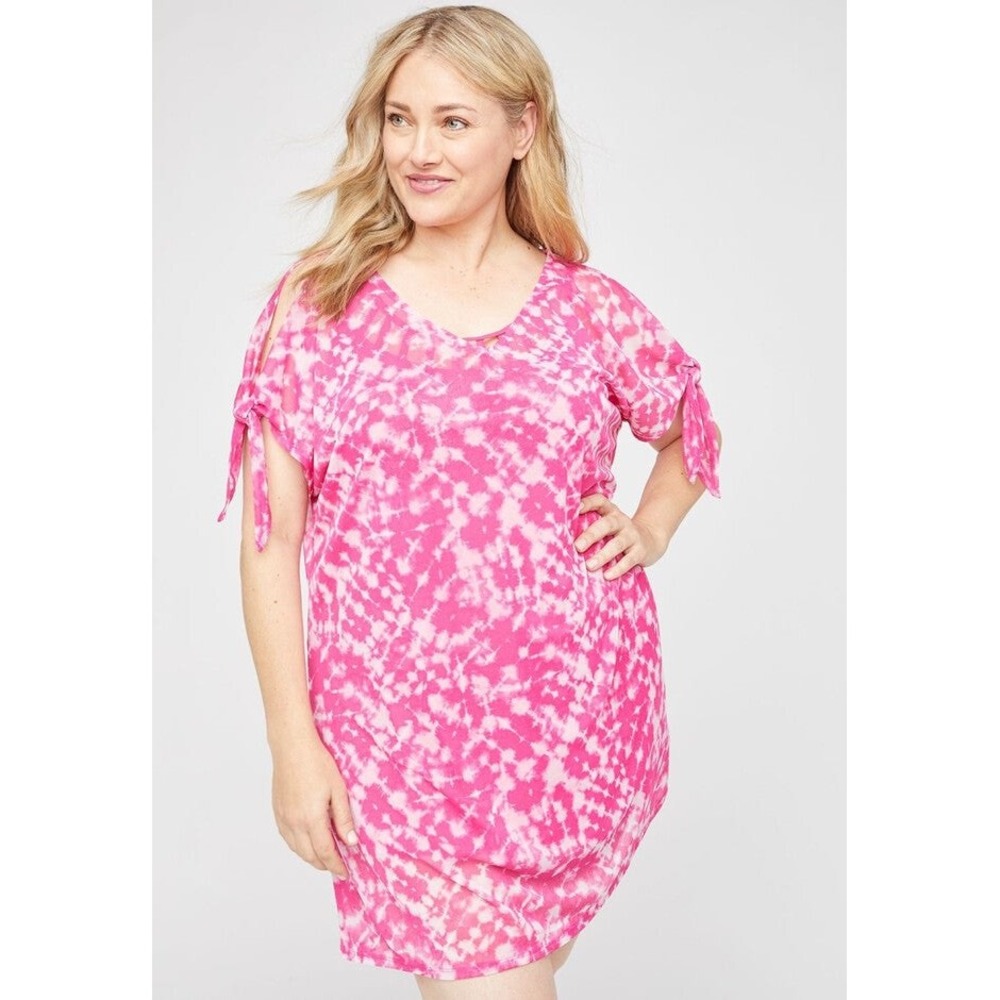 Catherines Top 1X 18/20W Pink Tie Dye breeze swim cover up V-Neck Tie Detail